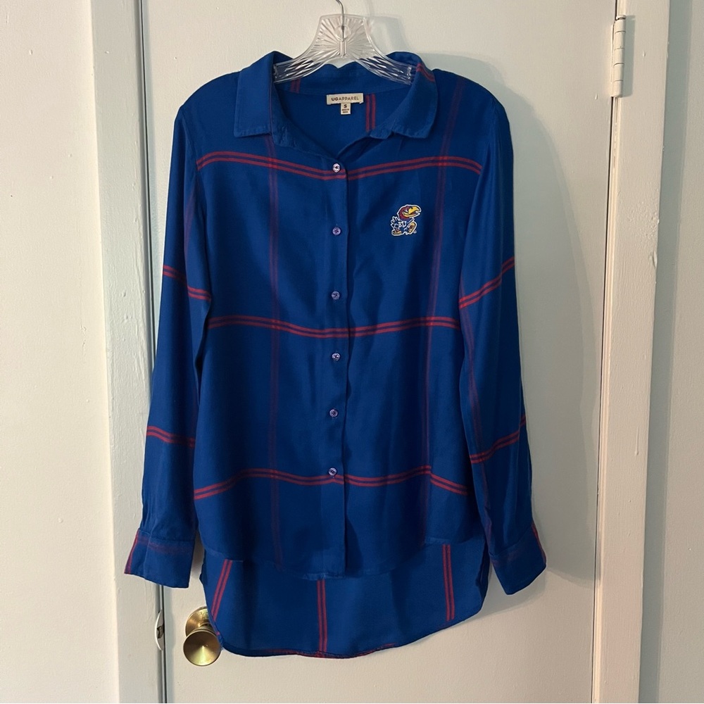 UG Apparel Kansas Jayhawks Satiny Plaid Shirt Small